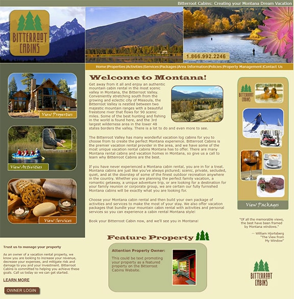 image of bitterroot cabin's first website in 2007