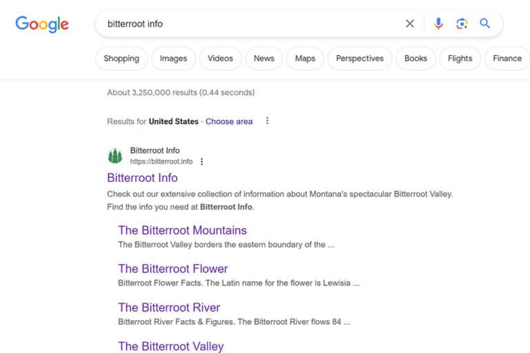 image of google search results for bitterroot info