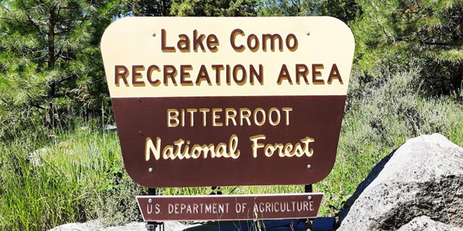 image of the bitterroot national forest sign at lake como